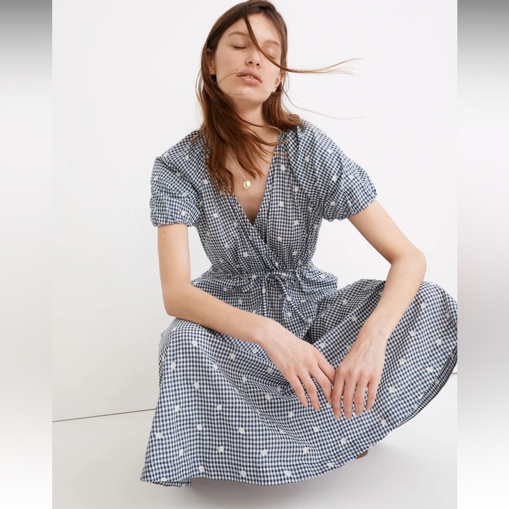 Embroidered Gingham Faux-Wrap Tie-Waist Midi Dress
